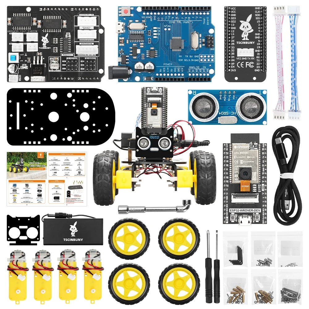 Tscinbuny ZYC0115 Smart Robot Car Kit with ESP32-CAM & Ultrasonic Sensors – 4WD WiFi Programmable Educational Robotics Starter Kit for Arduino Learning
