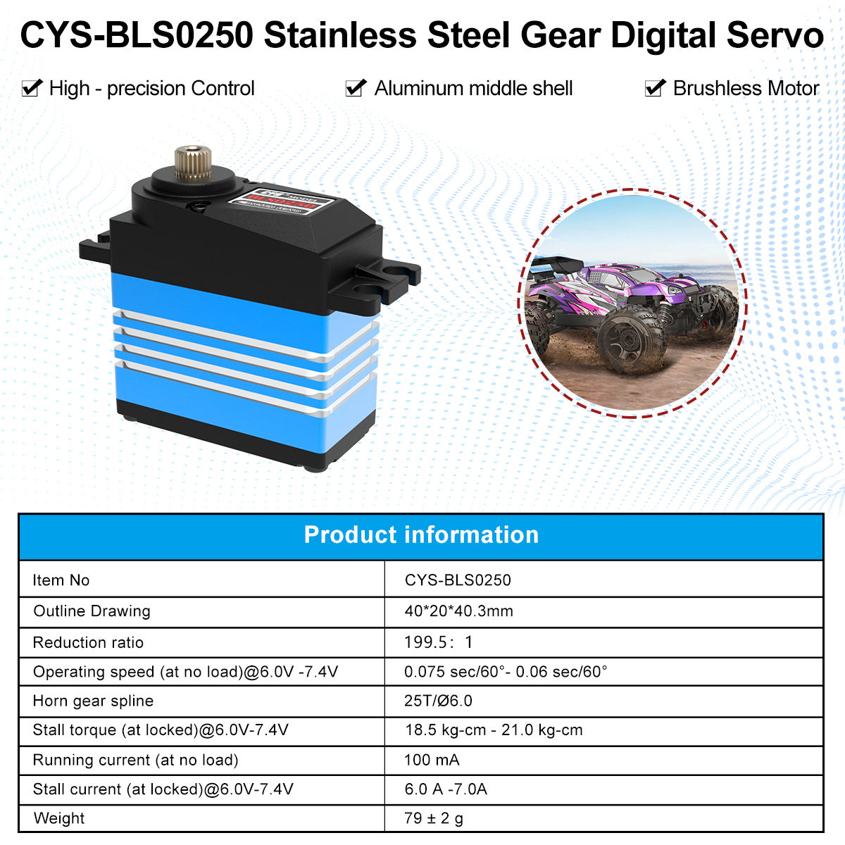 RC Car Servo CYS-BLS0250 Fast Speed Brushless Motor 22kg Torque Steel Gear Digital Servo for 1/8 1/10 Rc Car