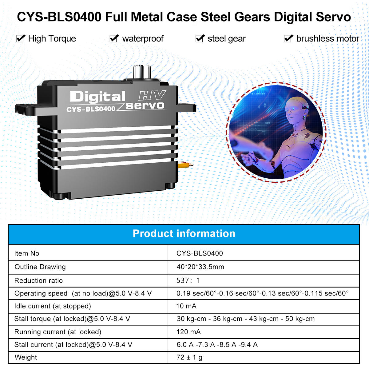 Large Torque  CYS-BLS0400 High Torque HV Digital DC Servo for RC Robot Models 50KG Load 0.19Sec Response Time Metal Case