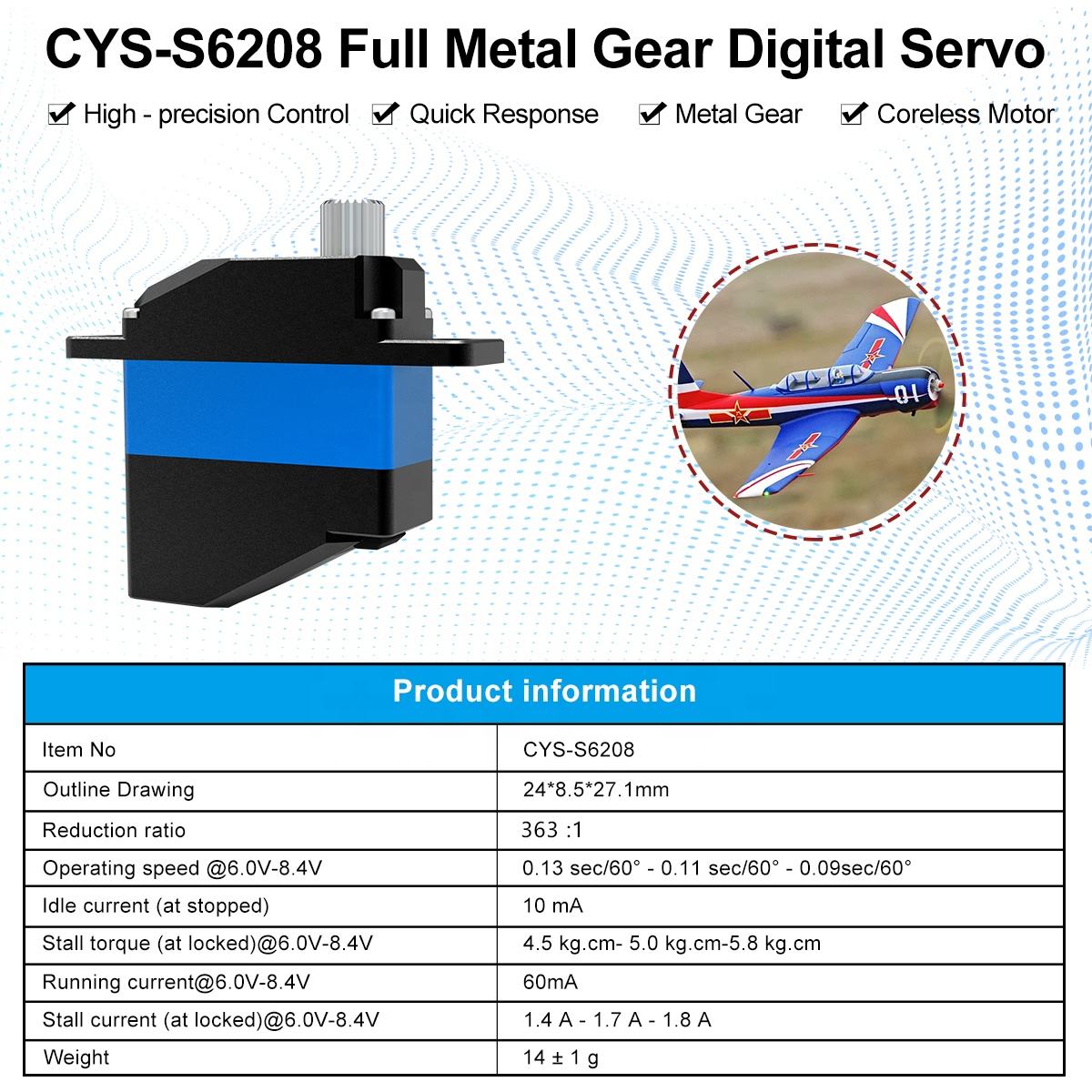 Micro Servo CYS-S6208 Digital GPS 5g/7kg Mini Super Light 4mm Metal Gear Accessory 14±1g Coreless Servo for RC Boats Helicopters