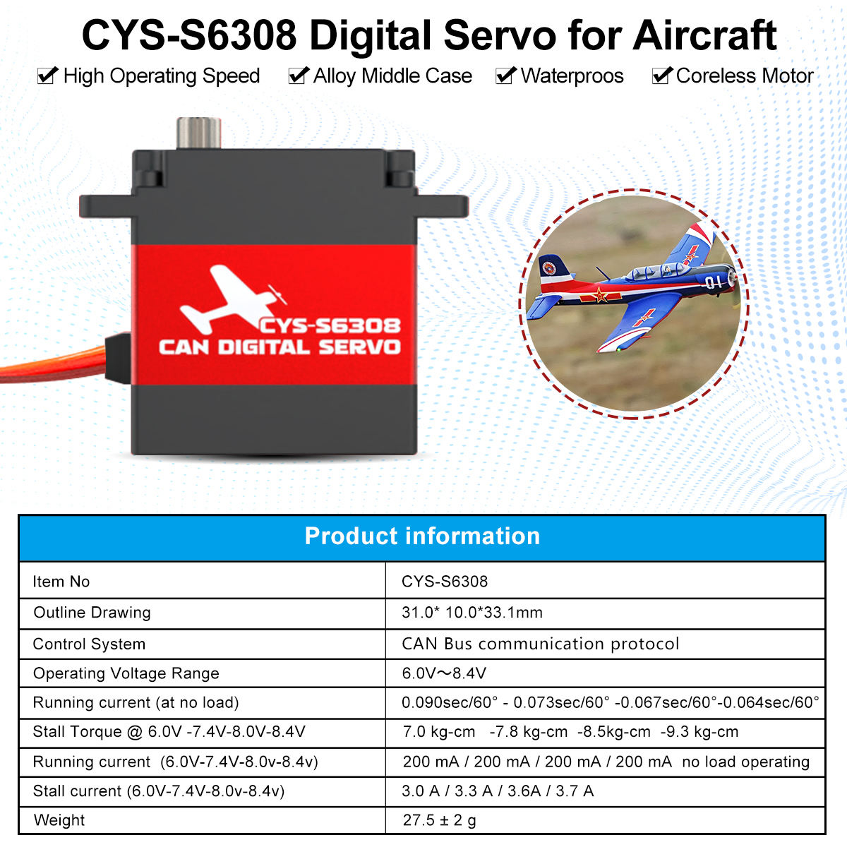 CAN bus high-torque servo CYS-S6308 9KG Full Metal Case Coreless Motor Servo Waterproof Steel Gear Bus CAN Protocol Compatible RC Airplanes Parts Accs"
