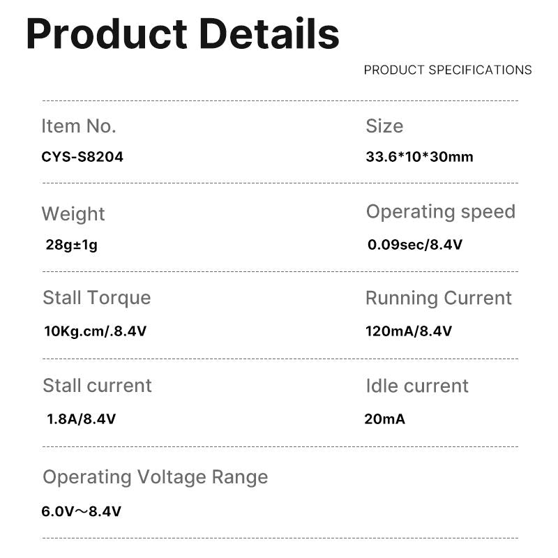 Helicopter Servo Servo CYS-S8204-01 8kg 0.10sec Digital Full Metal Aluminium Case Wing Servo for RC Drone Glider Helicopter Dual Ball Bearing
