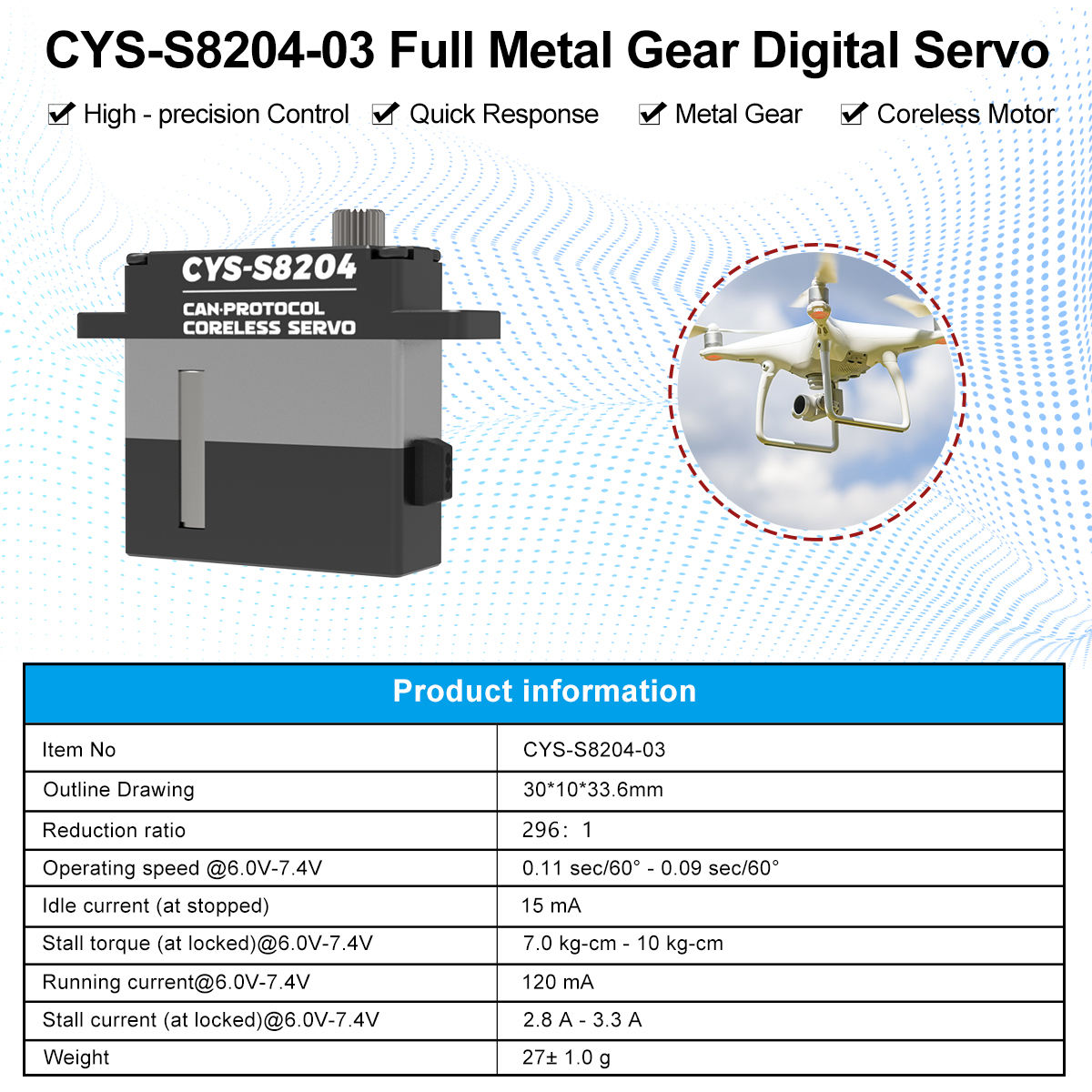 CAN bus high-torque servo CYS-8204-03 10kg Full Metal Case Coreless Digital Servo Wing Motor 25t Can Protocol for RC Airplane Boat Parts Accessories