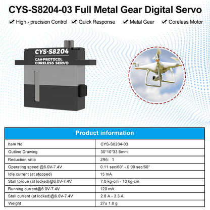 CAN bus high-torque servo CYS-8204-03 10kg Full Metal Case Coreless Digital Servo Wing Motor 25t Can Protocol for RC Airplane Boat Parts Accessories