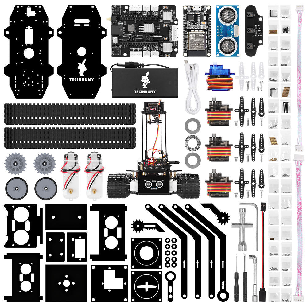 Tscinbuny ZYC0204 Smart Robot Car Kit with Track Wheels & Robotic Arm Function – ESP32-WROOM32 Development Board Robot for Arduino Learning Projects