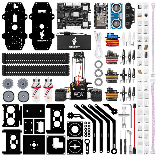 Tscinbuny ZYC0204 Smart Robot Car Kit with Track Wheels & Robotic Arm Function – ESP32-WROOM32 Development Board Robot for Arduino Learning Projects
