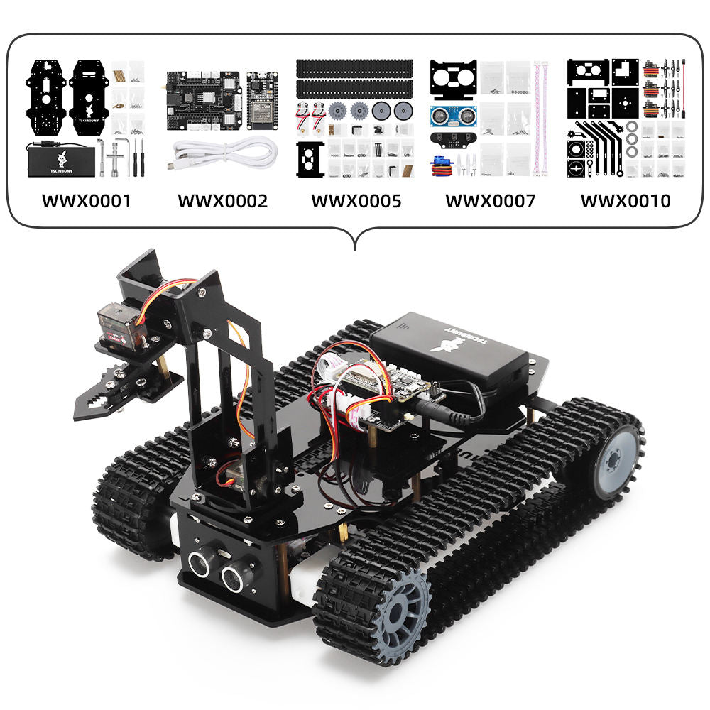 Tscinbuny ZYC0204 Smart Robot Car Kit with Track Wheels & Robotic Arm Function – ESP32-WROOM32 Development Board Robot for Arduino Learning Projects