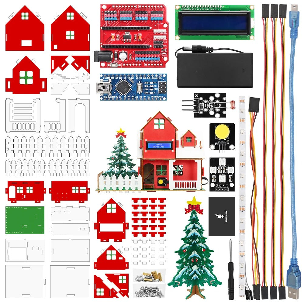 Tscinbuny ZYA0210 Christmas Starter Kit – DIY Wooden Smart Christmas House with LED Lights & Arduino-Compatible Programming for STEM Education and Gifts