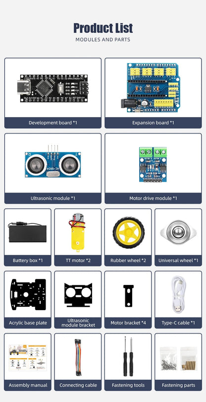 Tscinbuny ZYC0055 Smart Robot Car Kit with 2WD Ultrasonic Obstacle Avoidance – Factory Open-Source Programmable Starter Kit for Arduino Learning