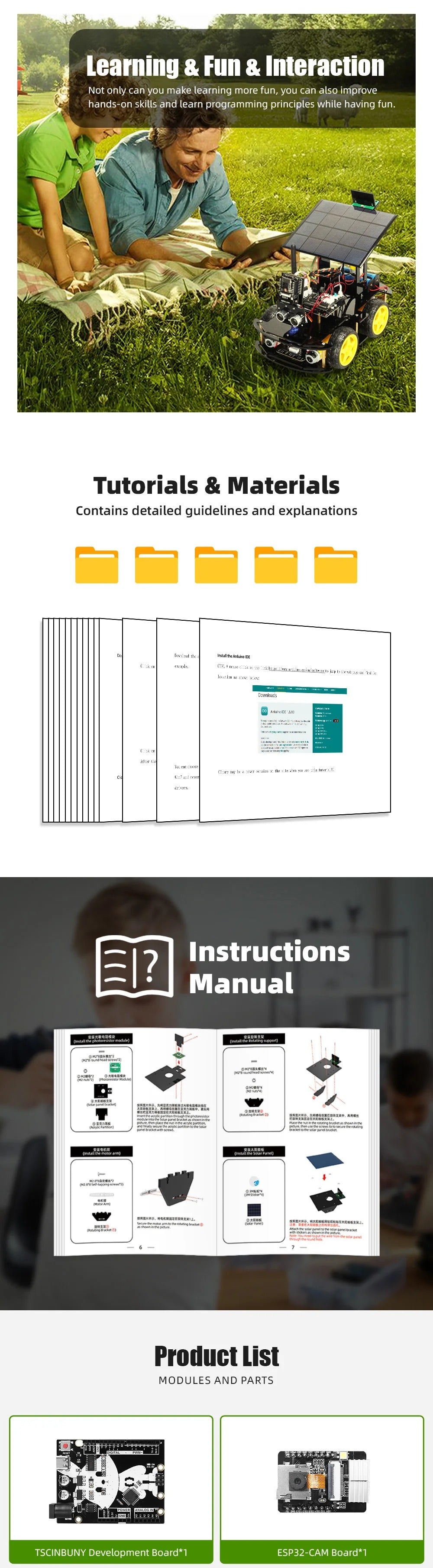 Tscinbuny ZYC0108 Smart Robot Car Kit with ESP32-CAM & Solar Panels – Ultrasonic Obstacle Avoidance STEM Educational Robotics Project for Arduino Learning