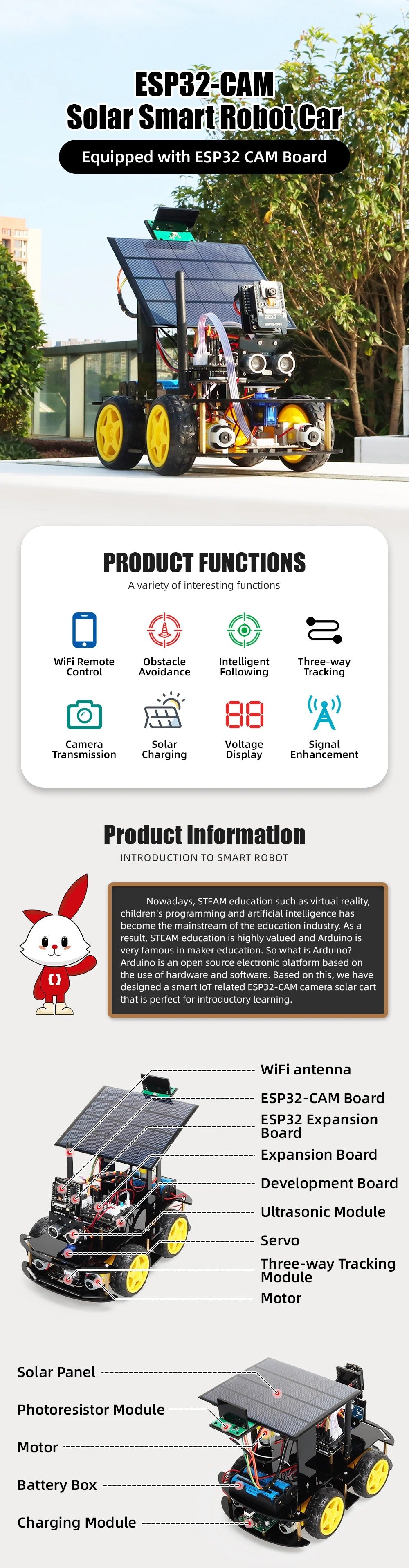 Tscinbuny ZYC0108 Smart Robot Car Kit with ESP32-CAM & Solar Panels – Ultrasonic Obstacle Avoidance STEM Educational Robotics Project for Arduino Learning