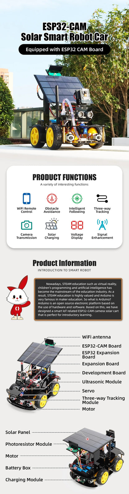 Tscinbuny ZYC0108 Smart Robot Car Kit with ESP32-CAM & Solar Panels – Ultrasonic Obstacle Avoidance STEM Educational Robotics Project for Arduino Learning