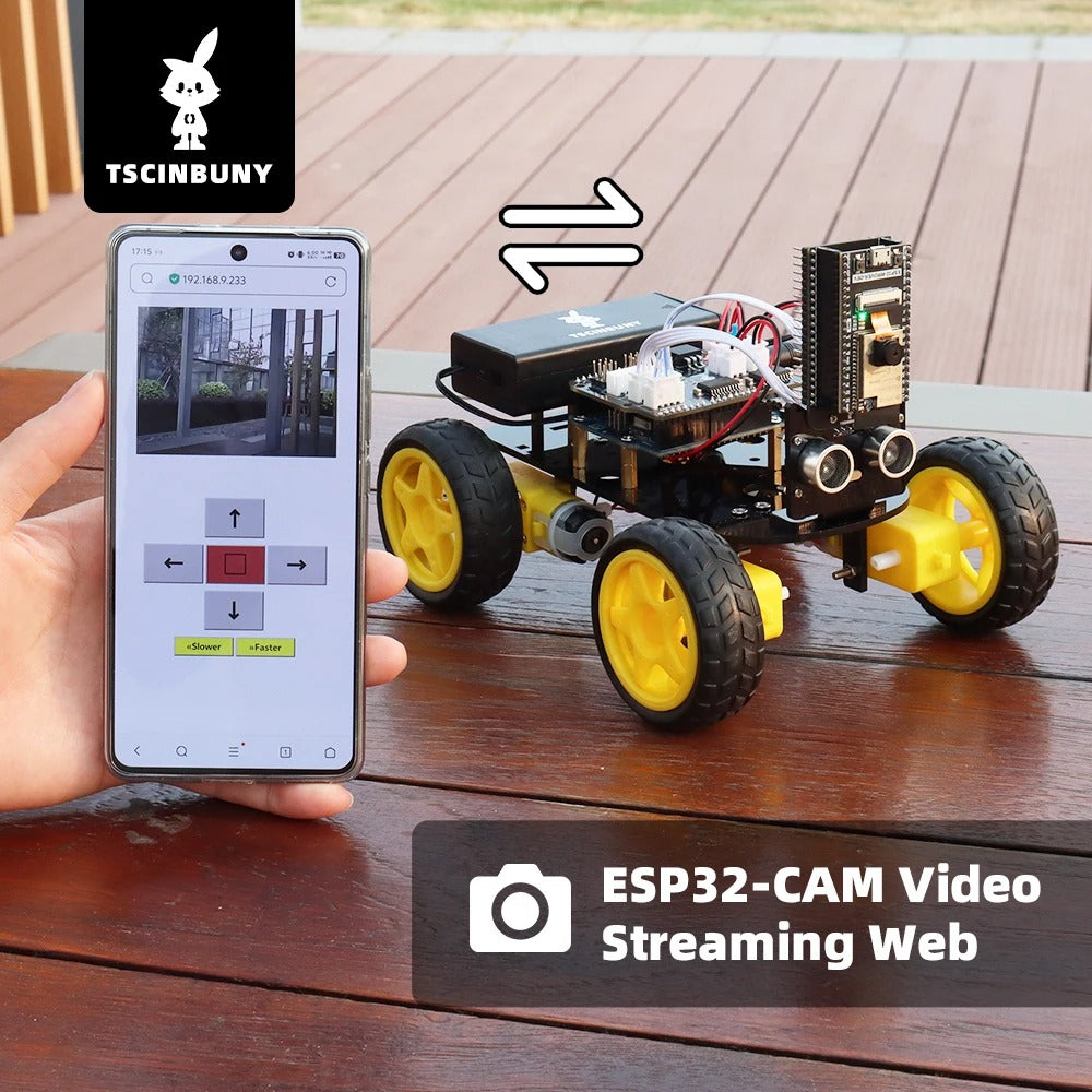 Tscinbuny ZYC0115 Smart Robot Car Kit with ESP32-CAM & Ultrasonic Sensors – 4WD WiFi Programmable Educational Robotics Starter Kit for Arduino Learning
