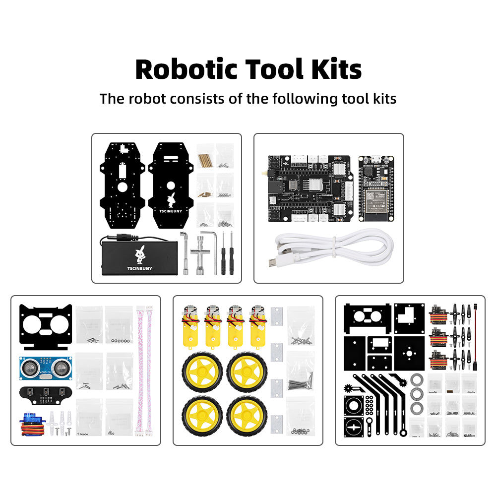 Tscinbuny ZYC0210 Smart Robot Car Kit with Rubber Wheels & Robotic Arm Function – ESP32-WROOM32 Development Board Robot for Arduino Learning Projects
