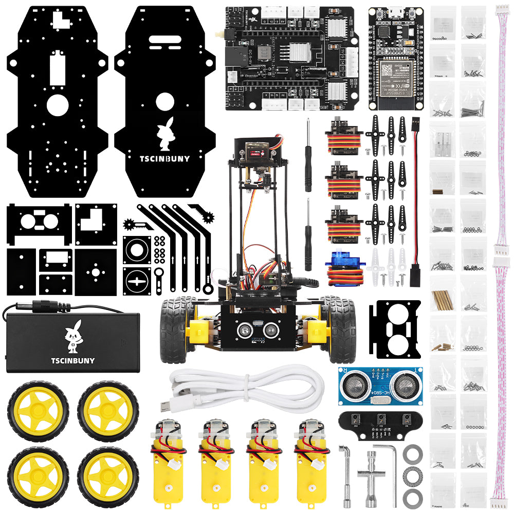 Tscinbuny ZYC0210 Smart Robot Car Kit with Rubber Wheels & Robotic Arm Function – ESP32-WROOM32 Development Board Robot for Arduino Learning Projects