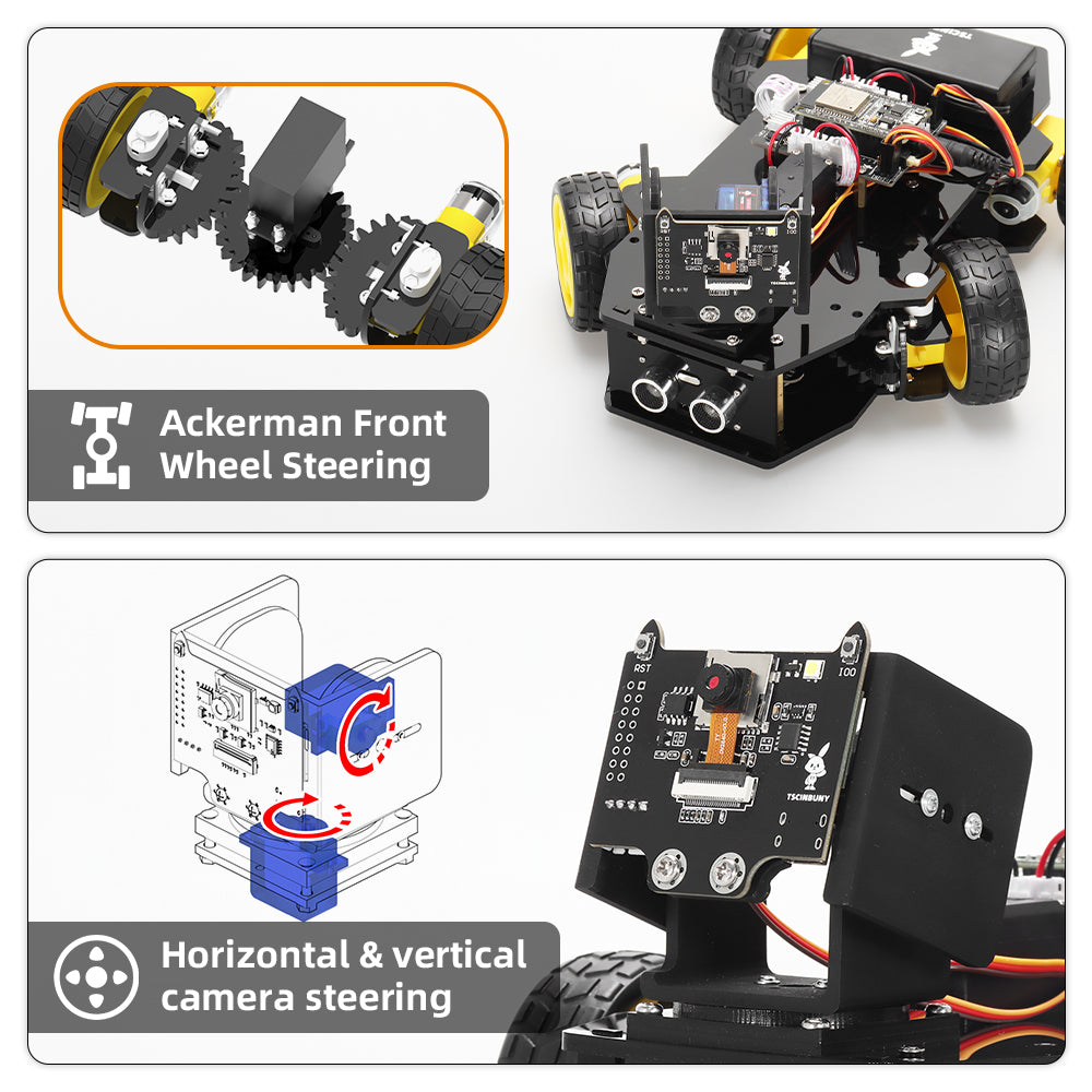 Tscinbuny ZYC0215 Smart Robot Car Kit with Wireless Ackermann Wheels – Camera Car featuring ESP32-WROOM32 Development Board for Arduino Learning