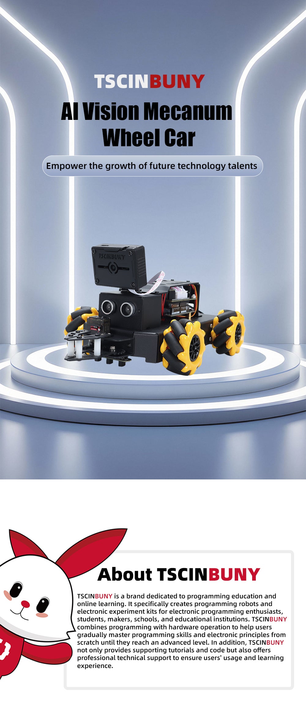 Tscinbuny ZYC0219 Smart Robot Car Kit with ESP32-S3 AI Visual Interaction – Mecanum Wheel Robot with Face Recognition & Expandable Robotic Arm