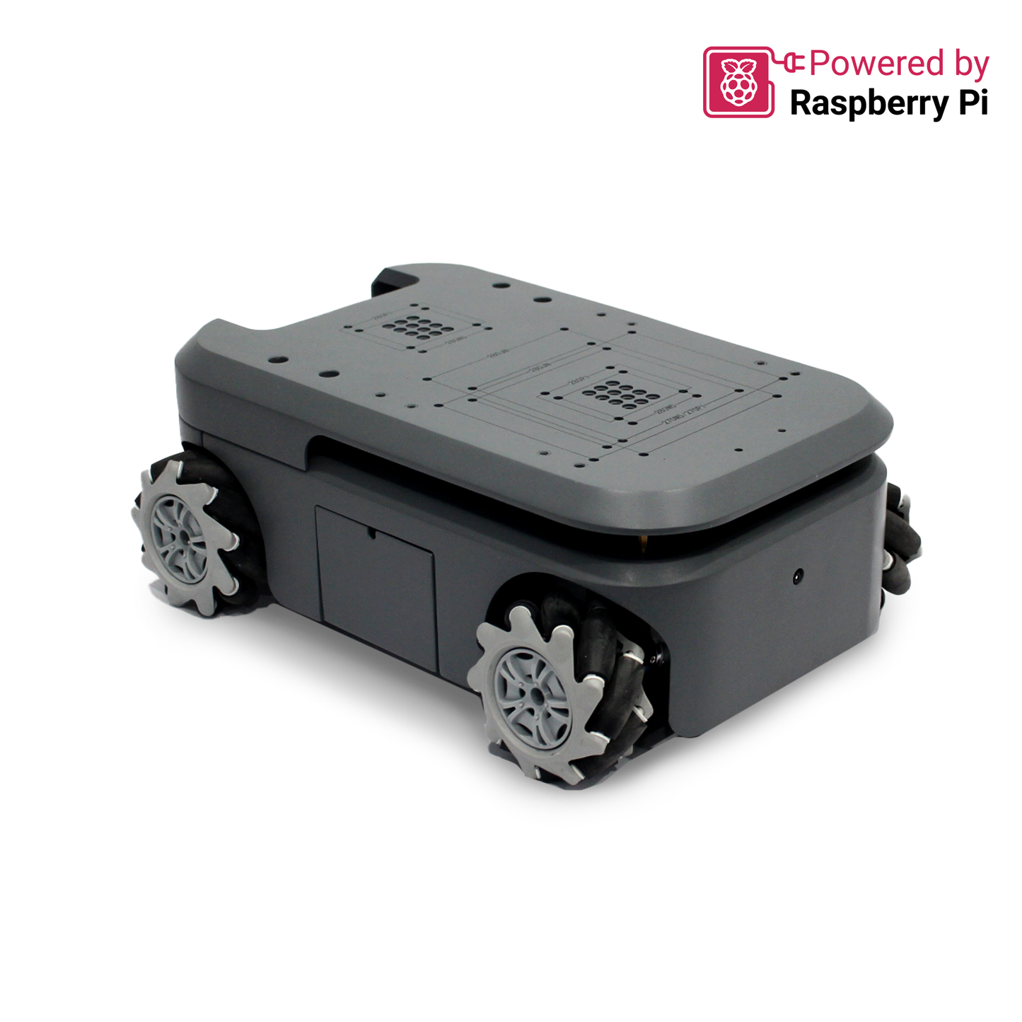 A mobile chassis autonomous navigation kit with a Raspberry Pi logo, featuring a gray body, black wheels, and silver detailing.